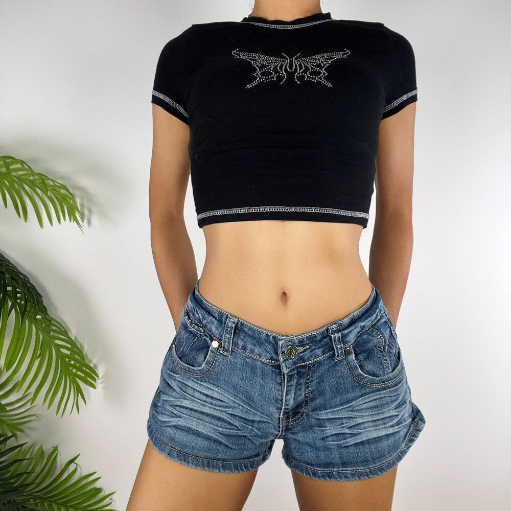 Vintage Y2K Faded Denim Low Rise Casual Summer Distressed Jean Booty Shorts / 11